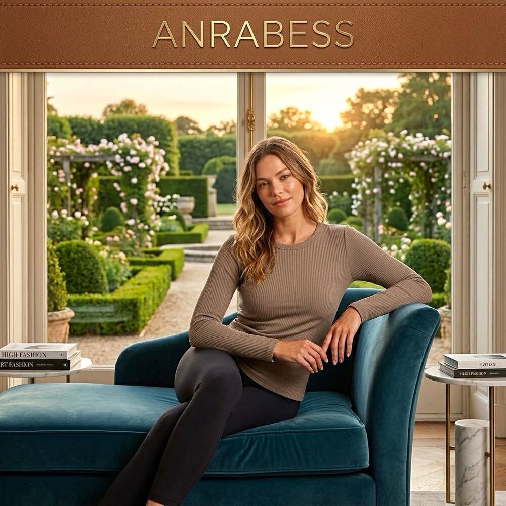 ANRABESS NWT Womens Shirt Med Tan Ribbed Knit Long Sleeve Pullover Crew Neck Top